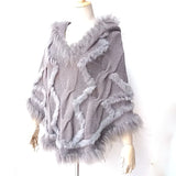 Warm Knitted Poncho With Real Raccoon Fur Stripe