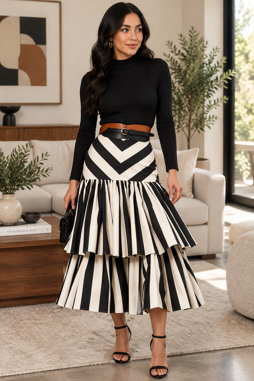 Black & White Tiered Midi Skirt