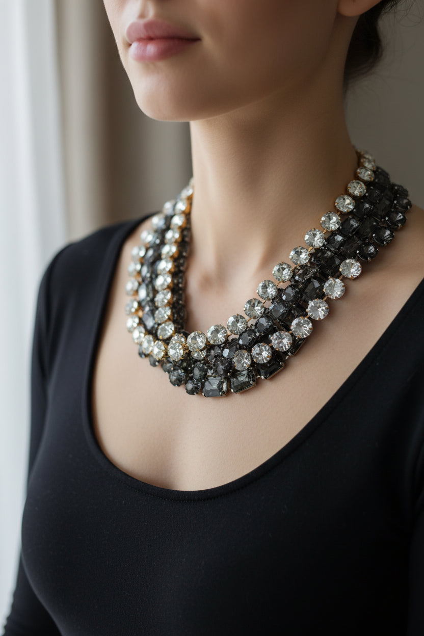 A multi-strand statement necklace featuring faceted black, smoky gray, and clear rhinestones set in gold-tone metal, displayed on a light gray background.