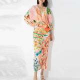 CurveKind ™ Miyake Pleated Print Bat Sleeve V-Neck Dress