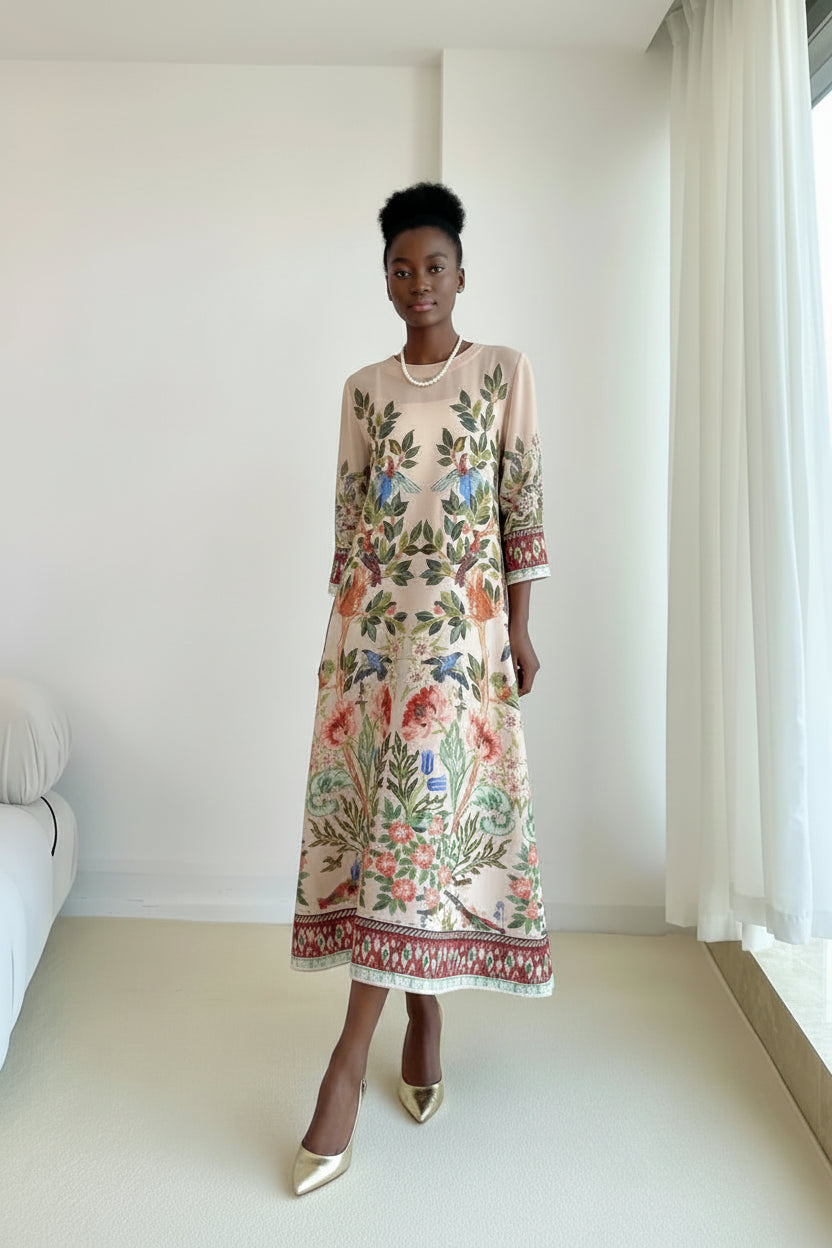 Person wearing a floral dress taking a mirror selfie in a room with a couch and window.