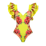 Ruffles Colorful Flower Print One Piece Swimsuit and skirt Swimwear