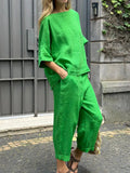 2 Piece Set - Half Sleeve O Neck Top And Loose Pocket Pant