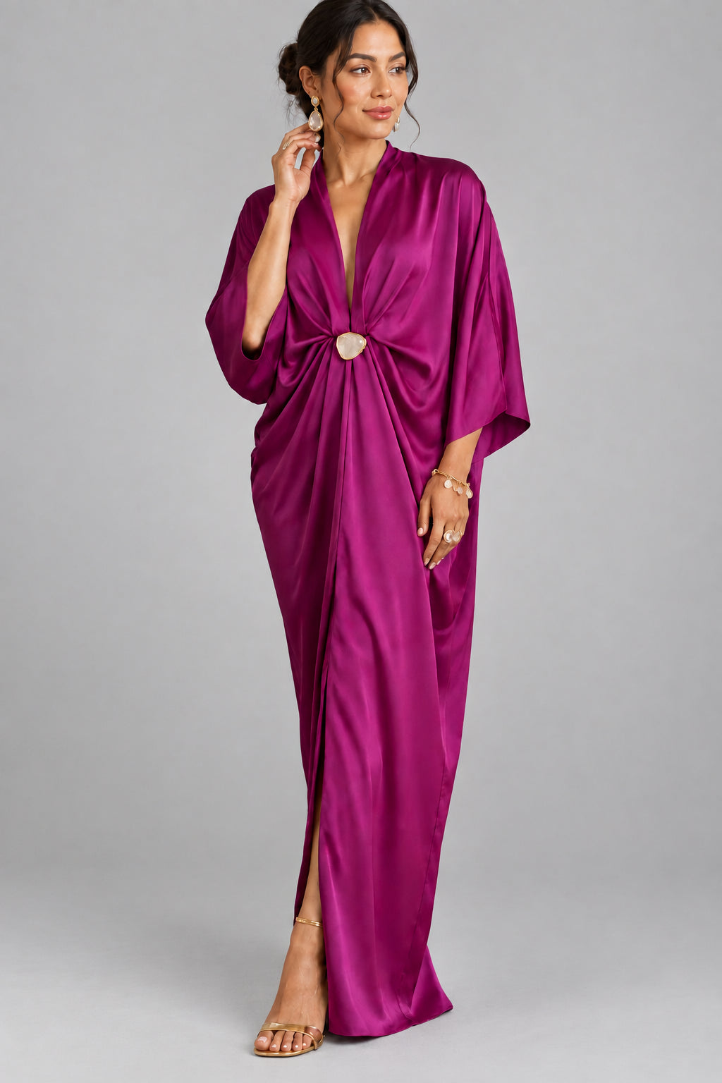 V Neck Gold Metal Ruched Waist Maxi Dress