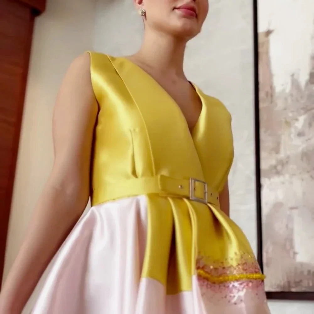 Dual Color Satin Deep V Evening Ball Gown Dress by Crystal Crystina, alternate view 6