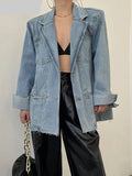 Blazer Style Fringed Shoulder Padded Denim Jacket