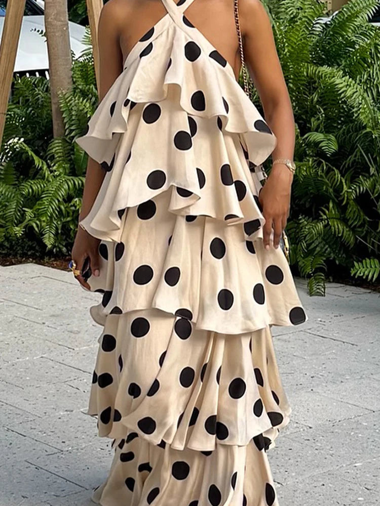 Polka Dot Halter Backless Ruffle Dress by Crystal Crystina, alternate view 3
