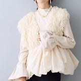 Sleeveless V- Neck Puff Bottom Feathery Detailed Vest