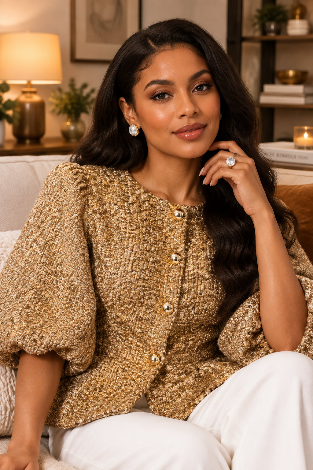 Gold Tweed Puff Sleeve Peplum Jacket