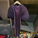 Pleated V-Neck Midi Dress with Mid Sleeves
