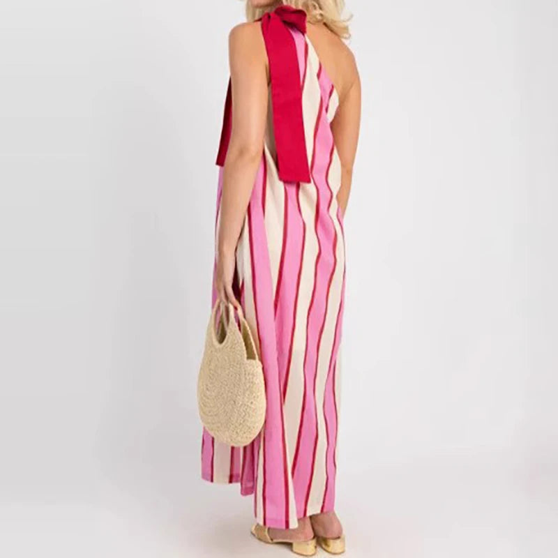 Striped Slant Neck Lace-Up Maxi Dress