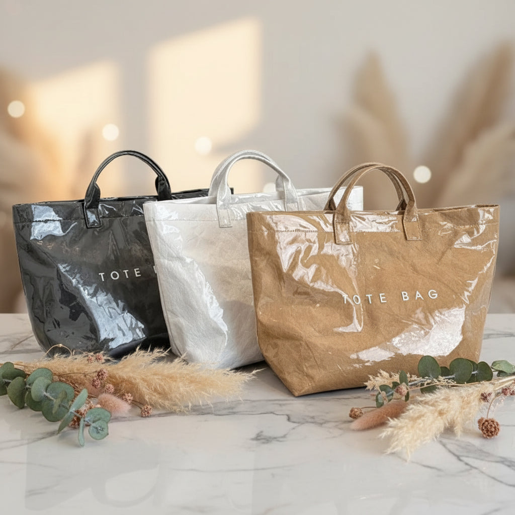 Three tote bags in black, white, and brown on a white background