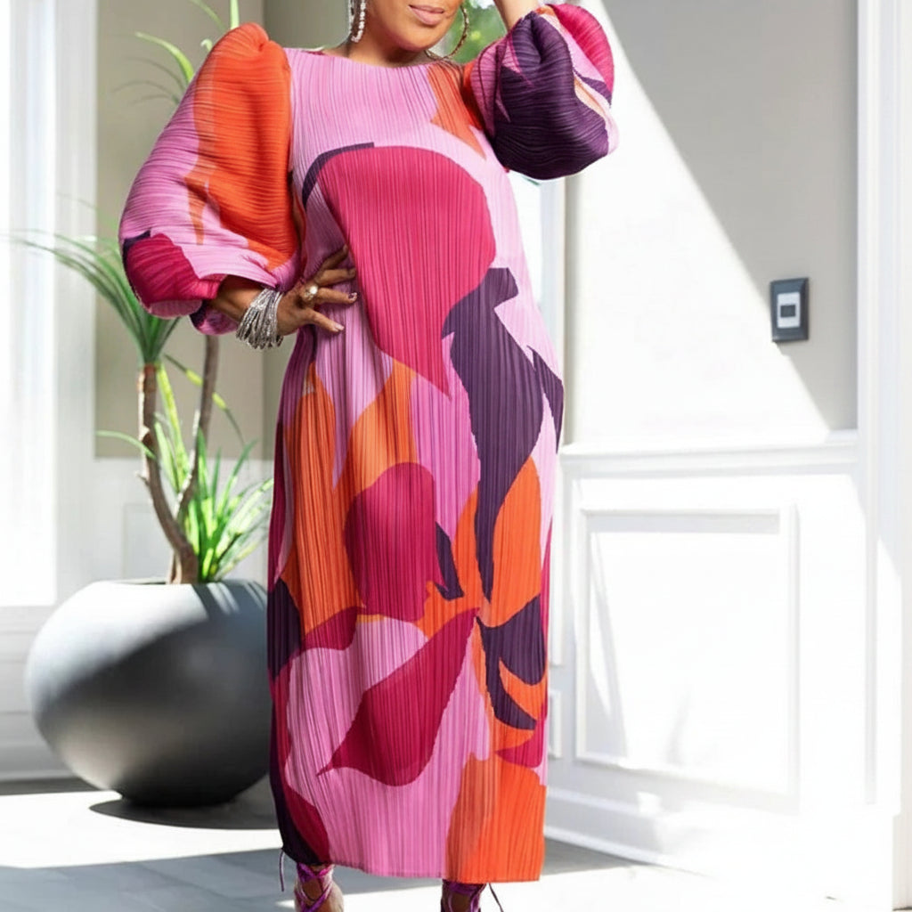 Lantern Sleeve Patchwork Pleated Dress by Crystal Crystina, primary view