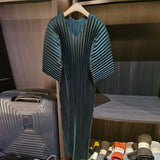 Pleated V-Neck Midi Dress with Mid Sleeves
