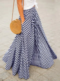 Pleated Bohemian Gingham Print A-Line Maxi Skirt with Pockets