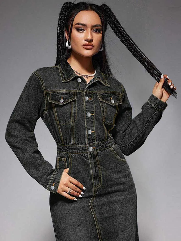 Turn-Down Collar Denim Maxi Dress by Crystal Crystina, alternate view 3