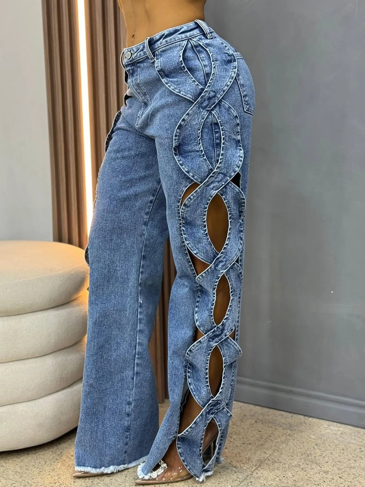 Cutout Criss-Cross Denim Pant by Crystal Crystina, alternate view 2