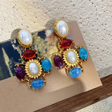 Vintage Colorful Resin Pearl Cross Drop Earrings