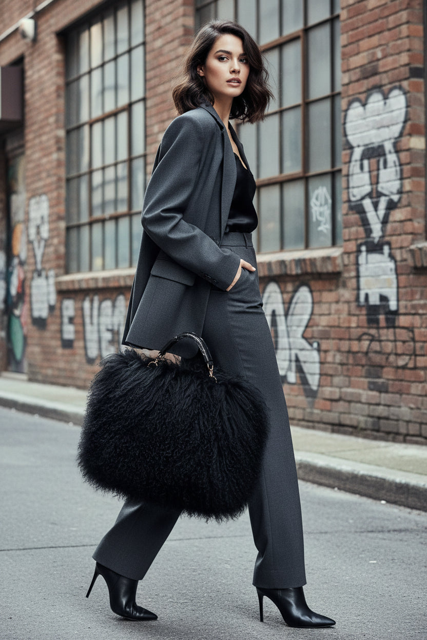 Black fluffy handbag on a white background