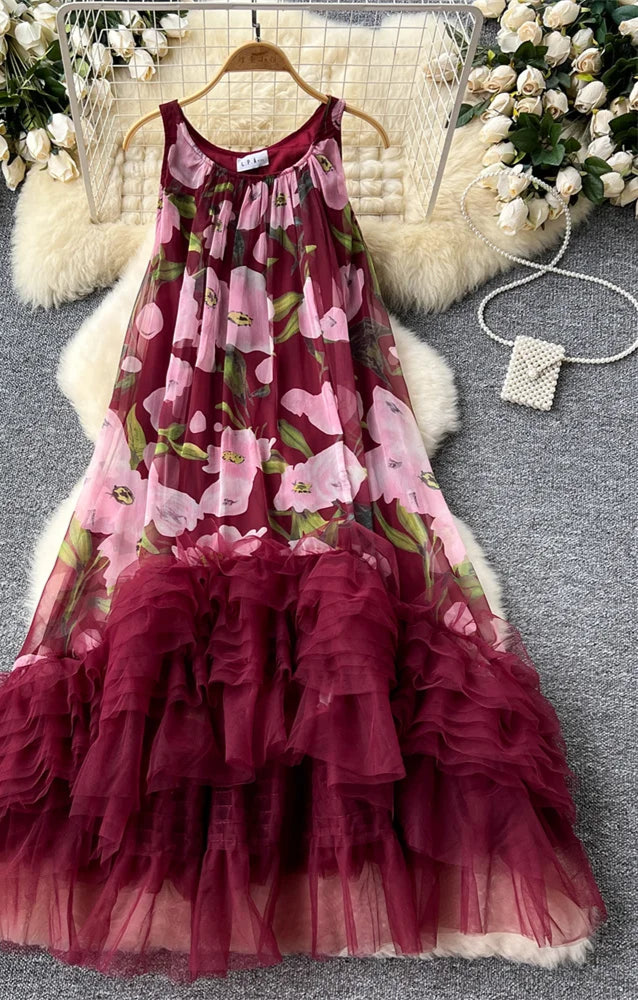 French Vintage Floral Print Dress w/Tulle Embellishment by Crystal Crystina, alternate view 2
