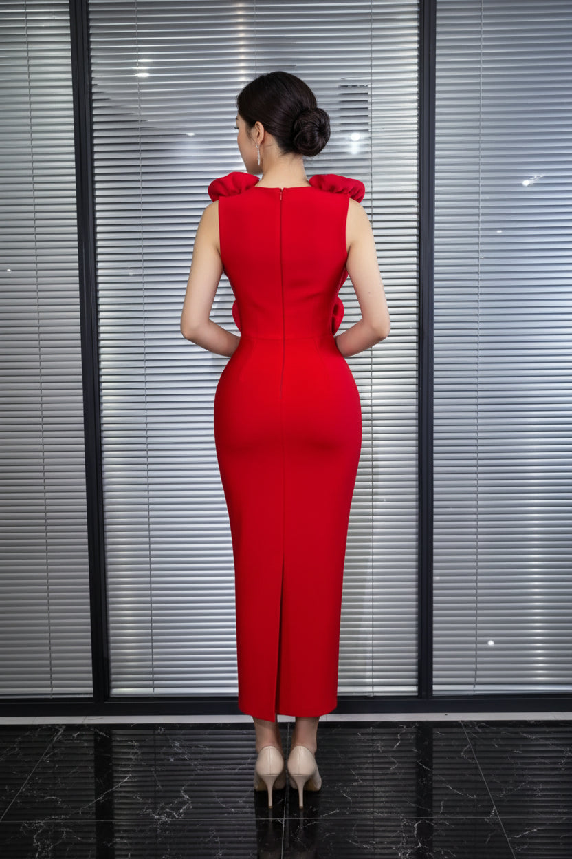 Red V-Neck Bodycon Maxi Dress