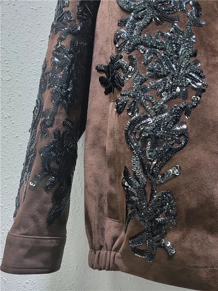 Notched Collar Sequin Embroidery Suede Blazer