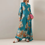 Chic Stand Collar Printed Long Sleeve High Waist Dress