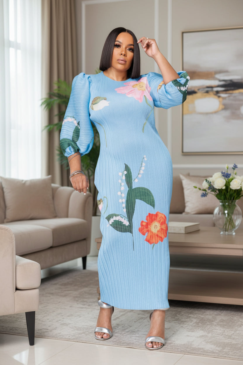 Floral Print Lantern Sleeve Dress