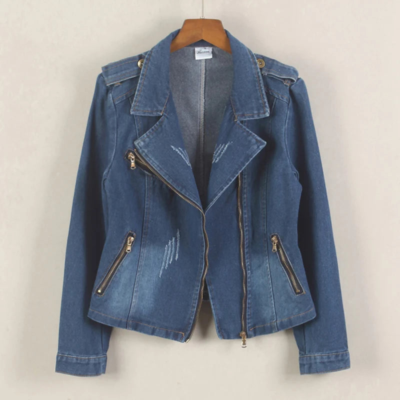 Denim Long Sleeve Convertible Notched Collar Jacket by Crystal Crystina, primary view