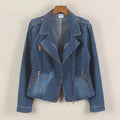 Denim Long Sleeve Convertible Notched Collar Jacket by Crystal Crystina, primary view