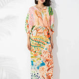 CurveKind ™ Miyake Pleated Print Bat Sleeve V-Neck Dress