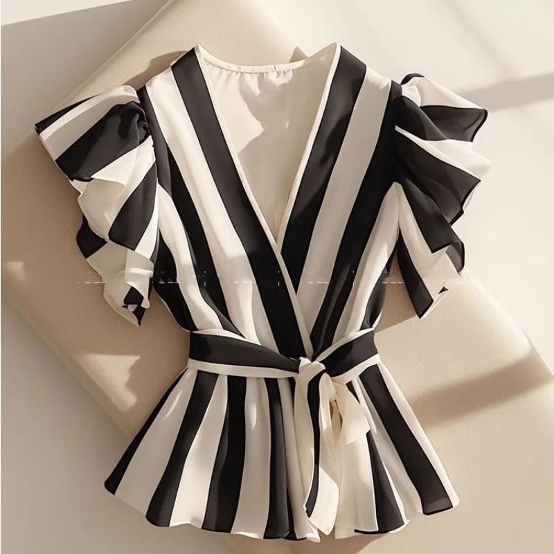 Striped Slim Fit V-Neck Shirt Ruffles Blouse