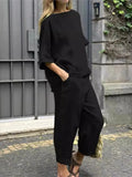 2 Piece Set - Half Sleeve O Neck Top And Loose Pocket Pant