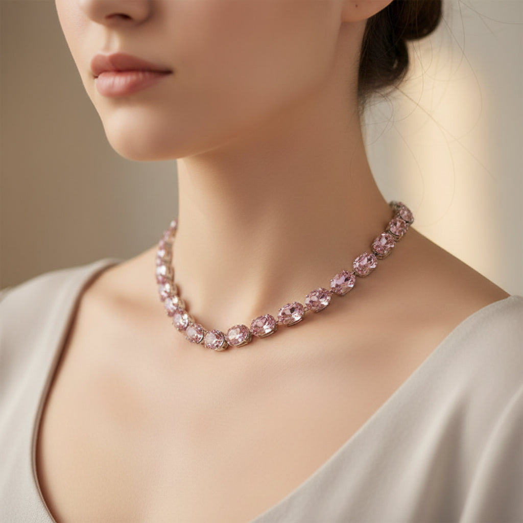 Pink beaded bracelet on a neutral background