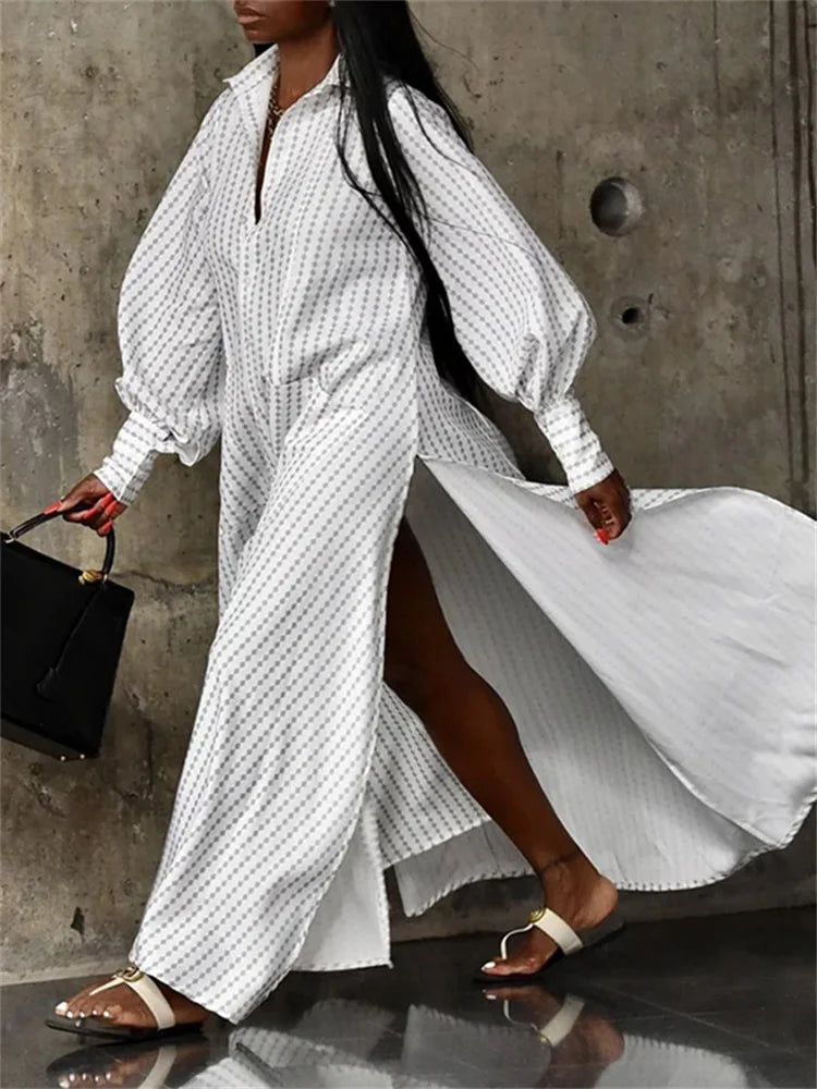 Buttoned Split-Side Cotton Maxi Shirt Dress by Crystal Crystina, alternate view 4