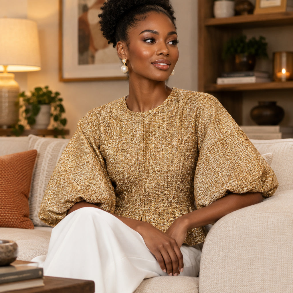 Gold Tweed Puff Sleeve Peplum Jacket