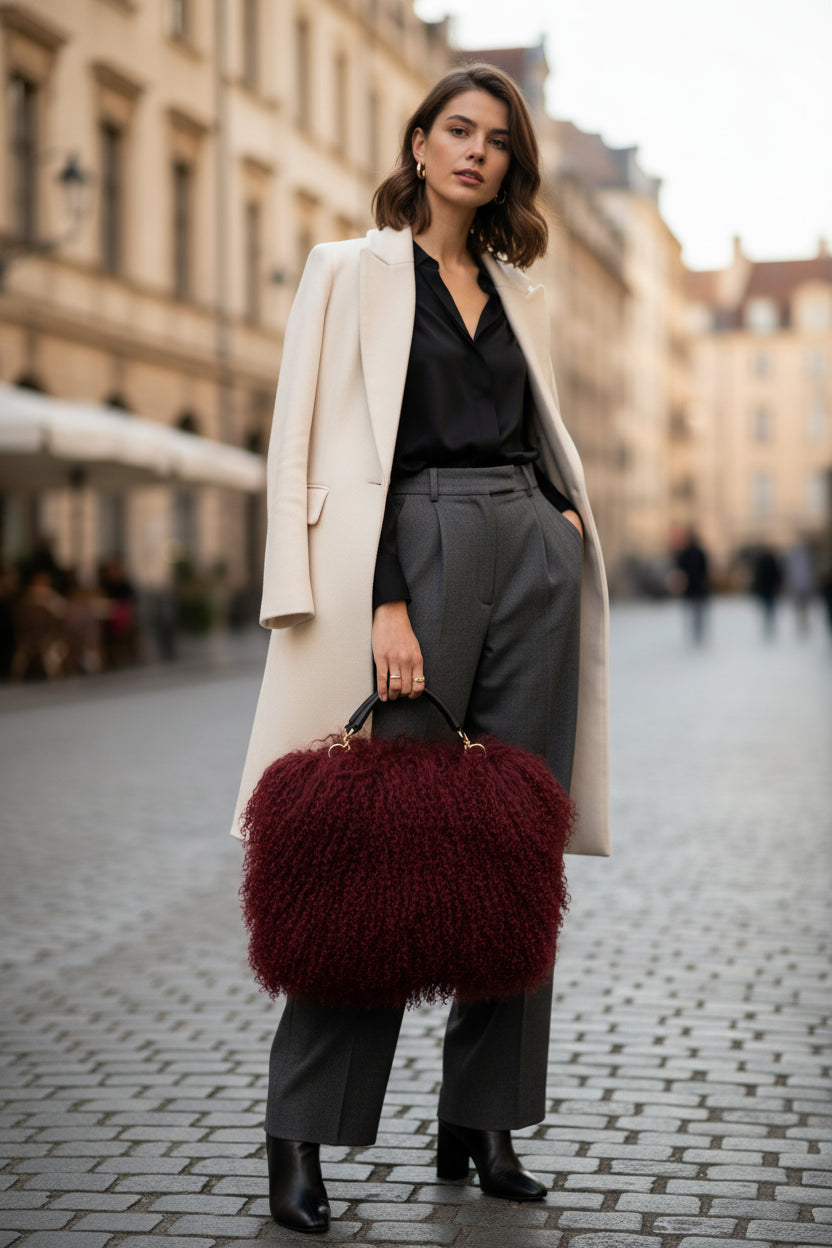 Red fluffy handbag with a black handle on a white background