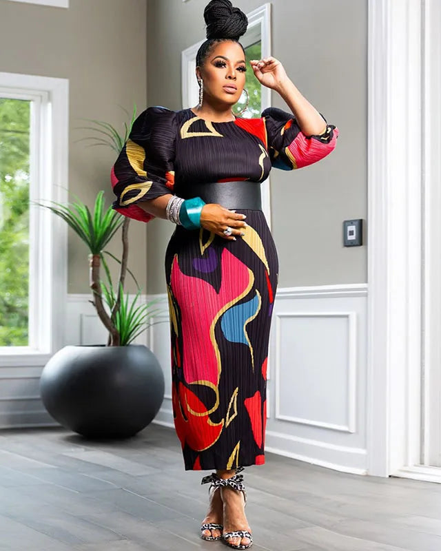 CurveKind™ Floral Print Lantern-Sleeve Maxi Dress