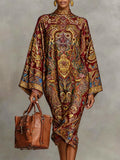 Printed High-Neck Kaftan Midi Dress