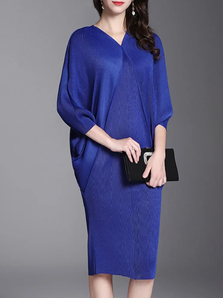 CurveKind™ Solid Pleated Batwing Mid-Calf Dress by Crystal Crystina, alternate view 3