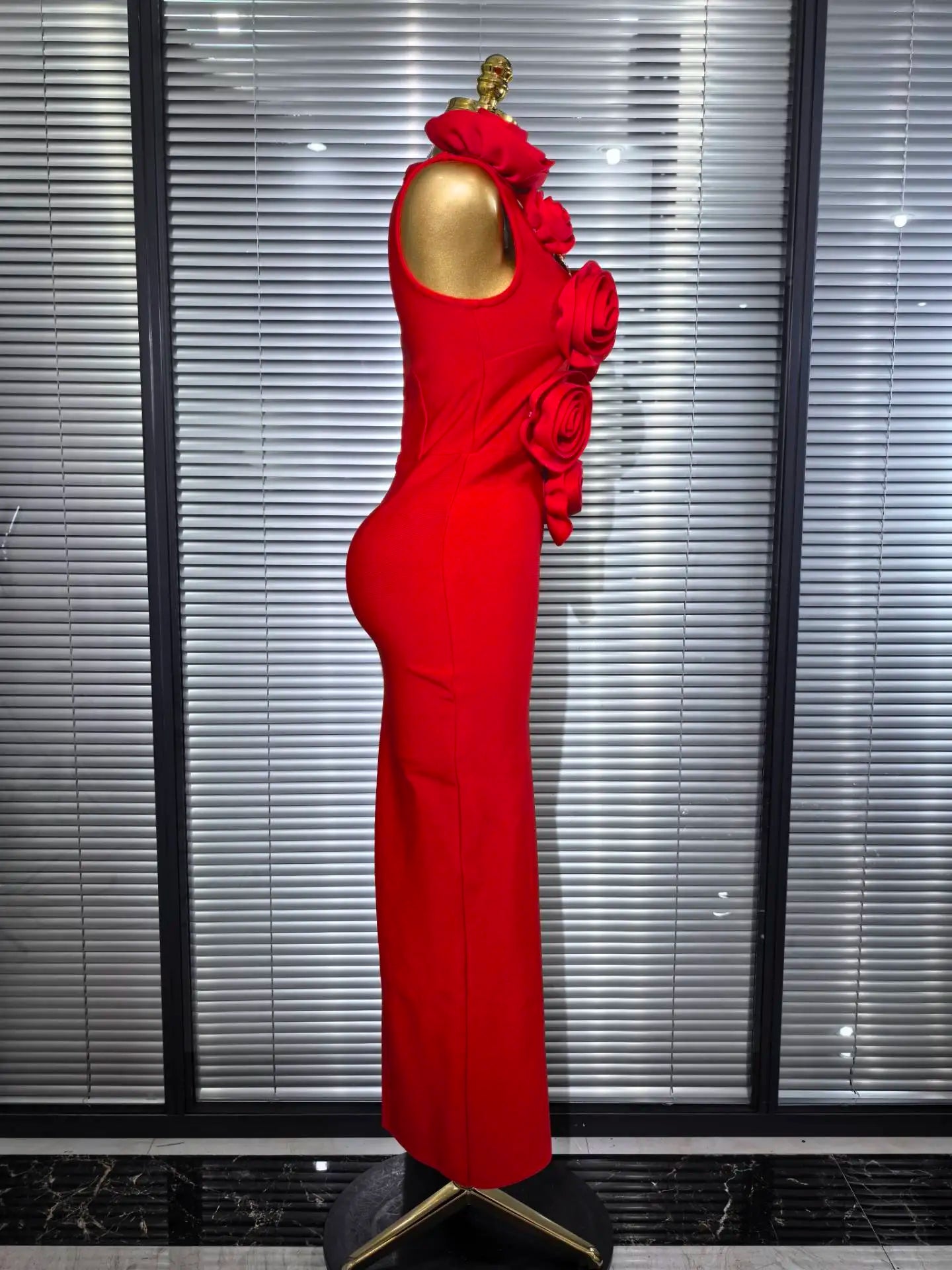 Red V-Neck Bodycon Maxi Dress