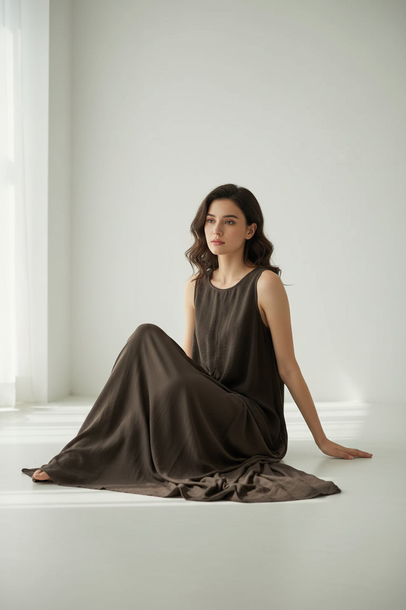 A woman sits on the floor wearing a sleeveless, flowing dark brown dress in a bright, minimalist white studio setting.