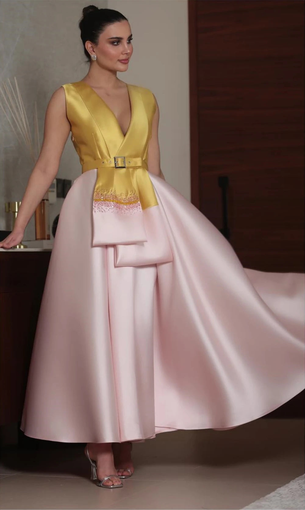 Dual Color Satin Deep V Evening Ball Gown Dress by Crystal Crystina, alternate view 2