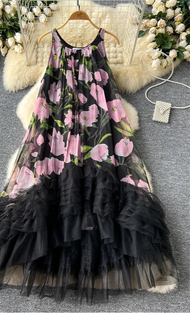 French Vintage Floral Print Dress w/Tulle Embellishment by Crystal Crystina, alternate view 3