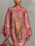 Printed High-Neck Kaftan Midi Dress