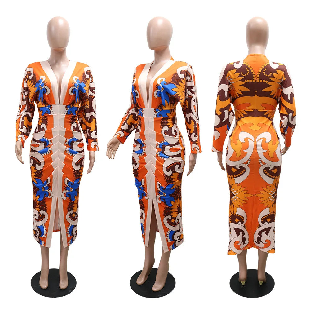 CM.YAYA Women Paisley Geometrical 3D Print Full Sleeve Ruched Deep V-neck Bodycon Midi Maxi Dress 2024 Sexy Club Party Dresses