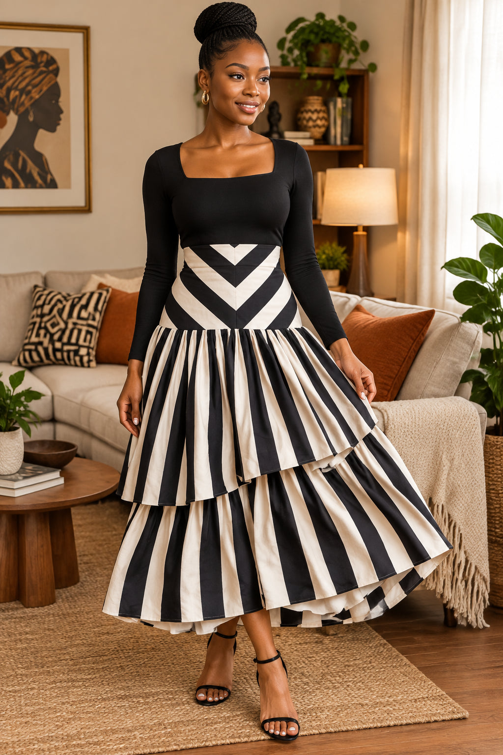 Black & White Tiered Midi Skirt