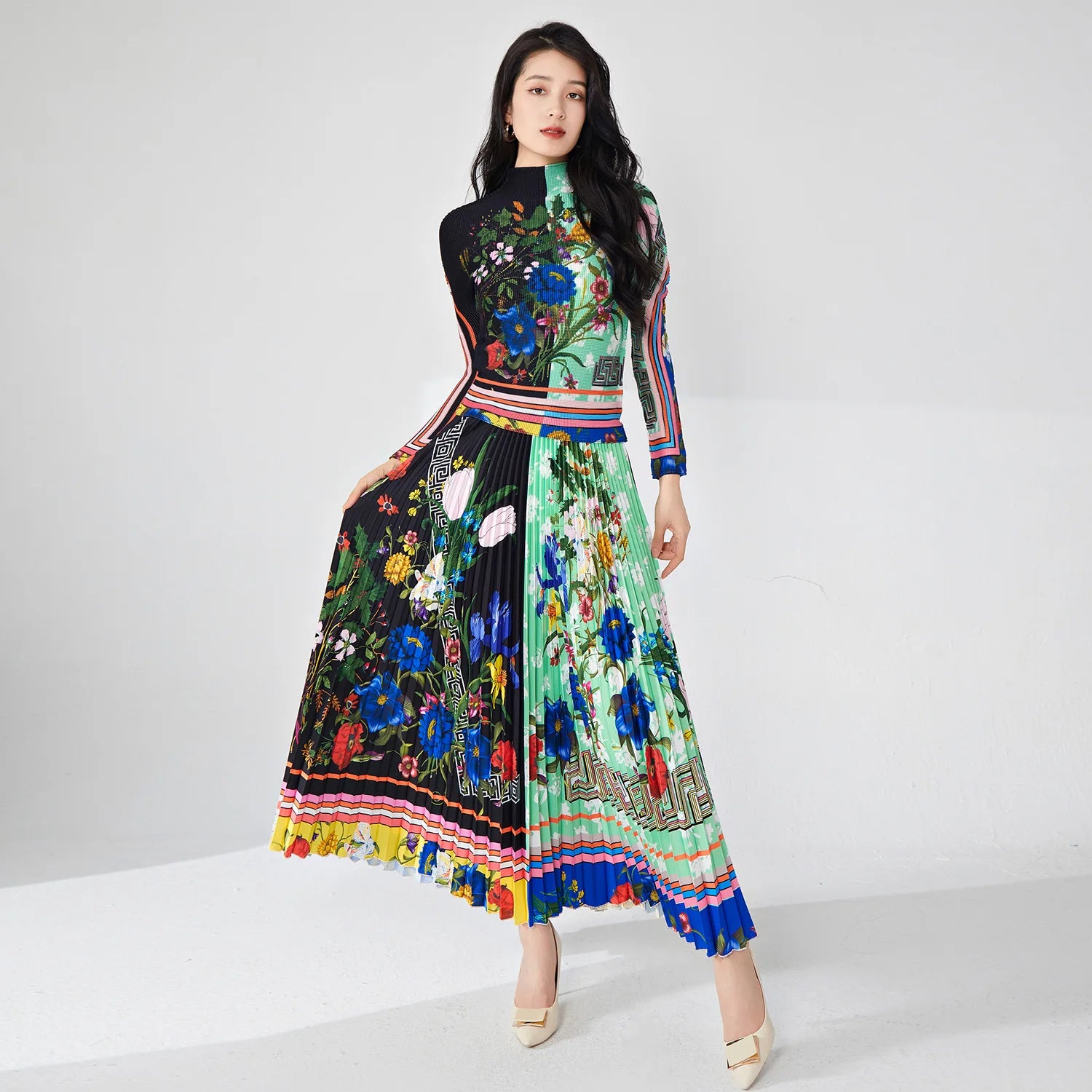 Pleated Midi Skirt Two-Piece Set