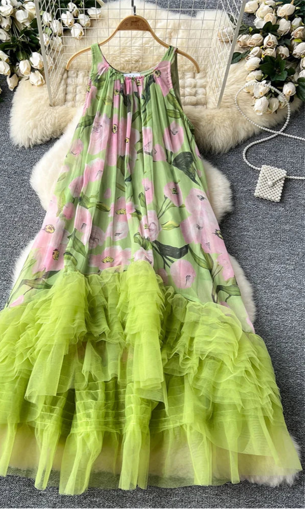 French Vintage Floral Print Dress w/Tulle Embellishment by Crystal Crystina, alternate view 4