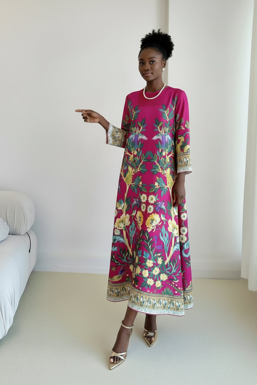 Person wearing a colorful floral dress in a room with a bed and window.